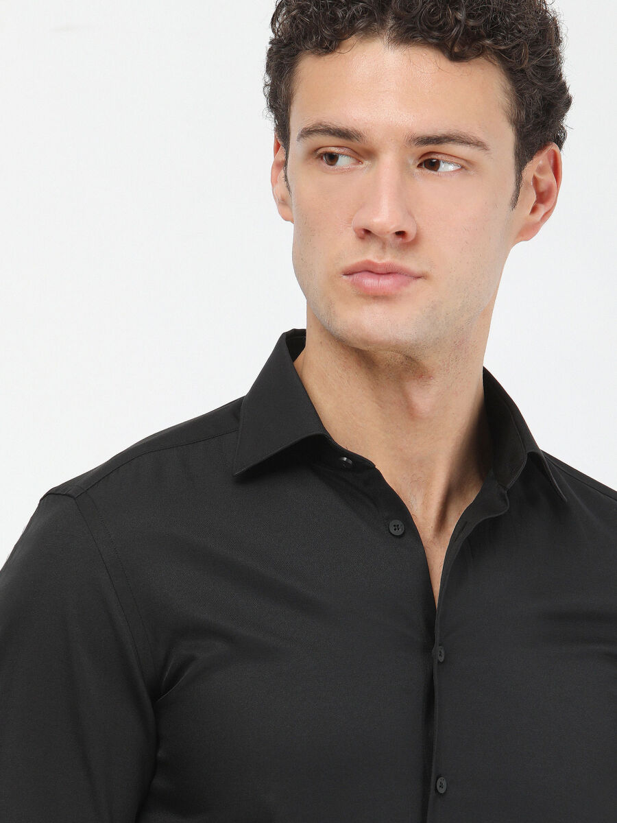 Black Plain Slim Fit Weaving Classical Cotton Blended Shirt - 3