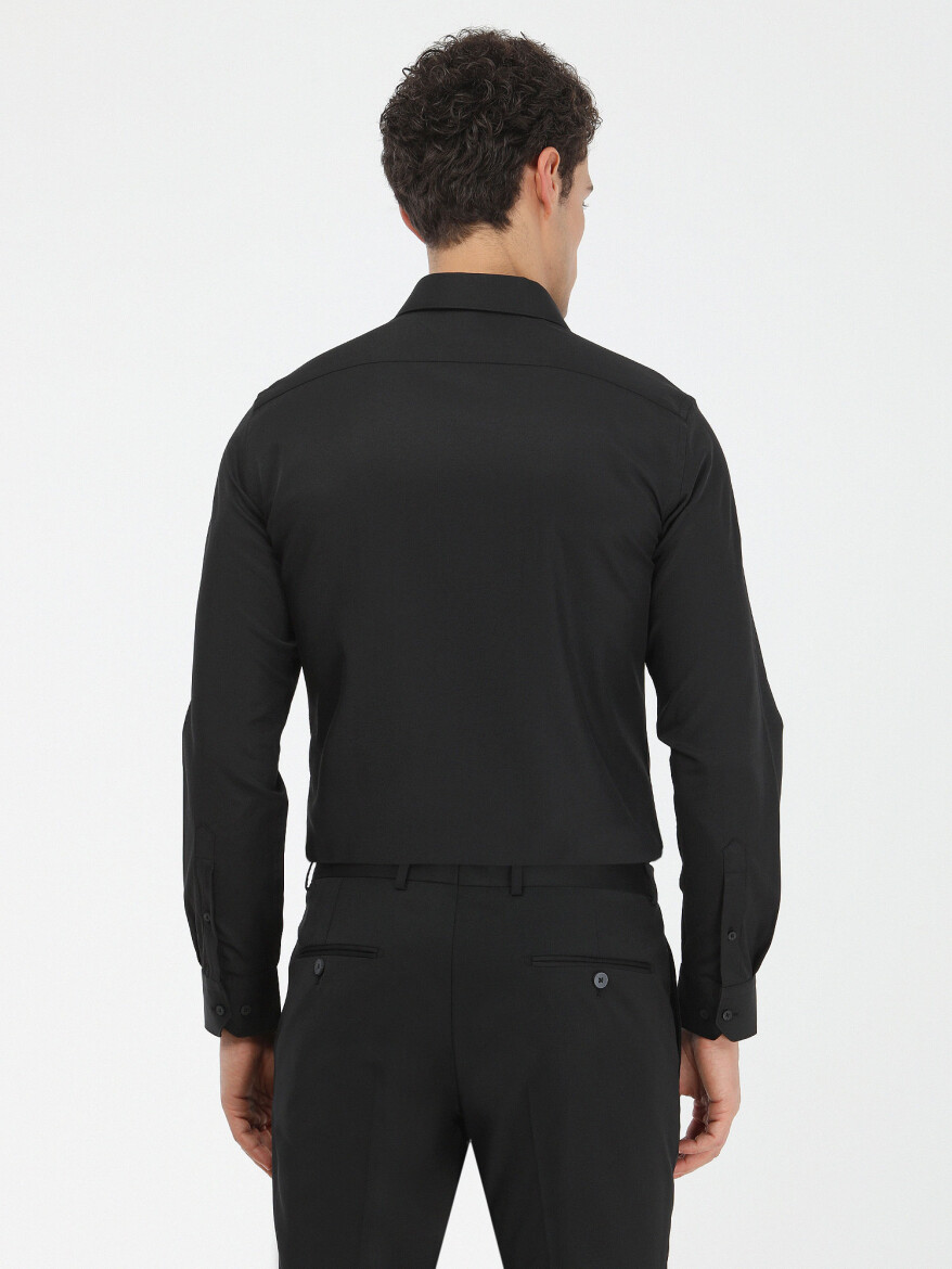 Black Plain Slim Fit Weaving Classical Cotton Blended Shirt - 4