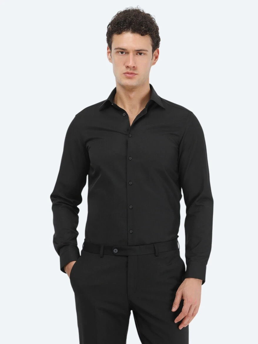 Black Plain Slim Fit Weaving Classical Cotton Blended Shirt - KİP