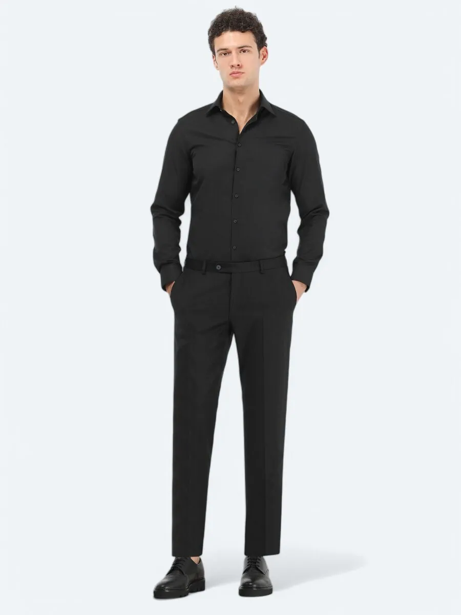 Black Plain Slim Fit Weaving Classical Cotton Blended Shirt - 2