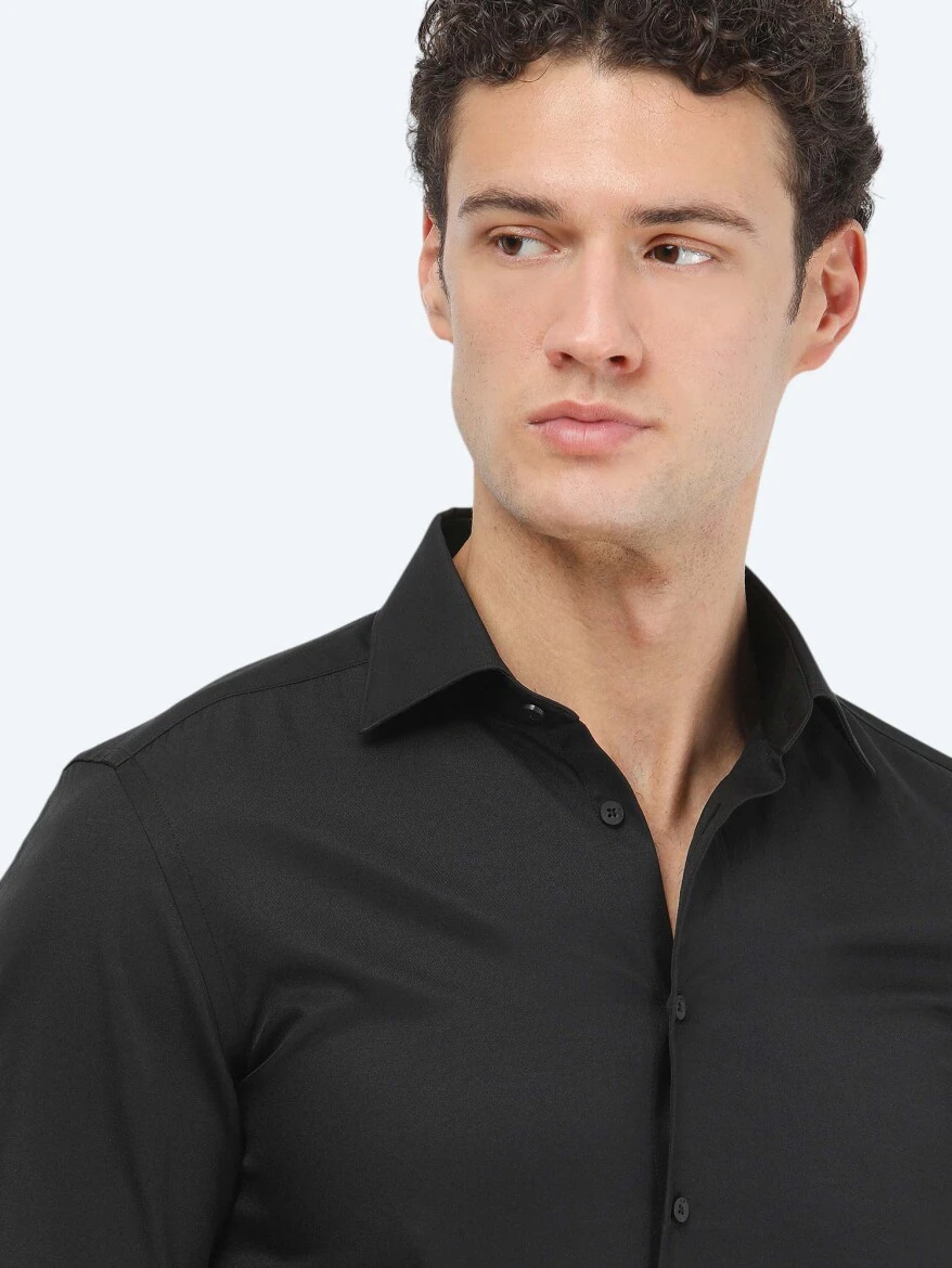 Black Plain Slim Fit Weaving Classical Cotton Blended Shirt - 3