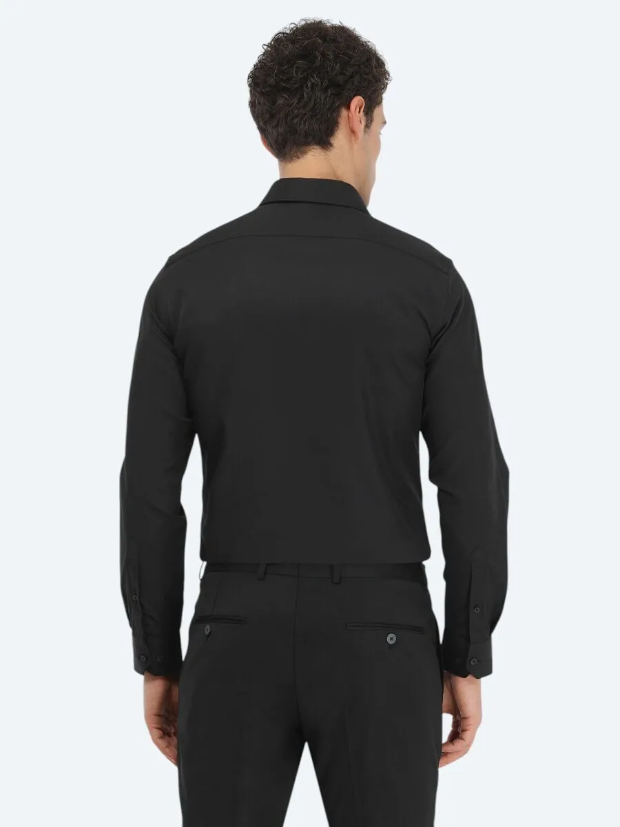 Black Plain Slim Fit Weaving Classical Cotton Blended Shirt - 4