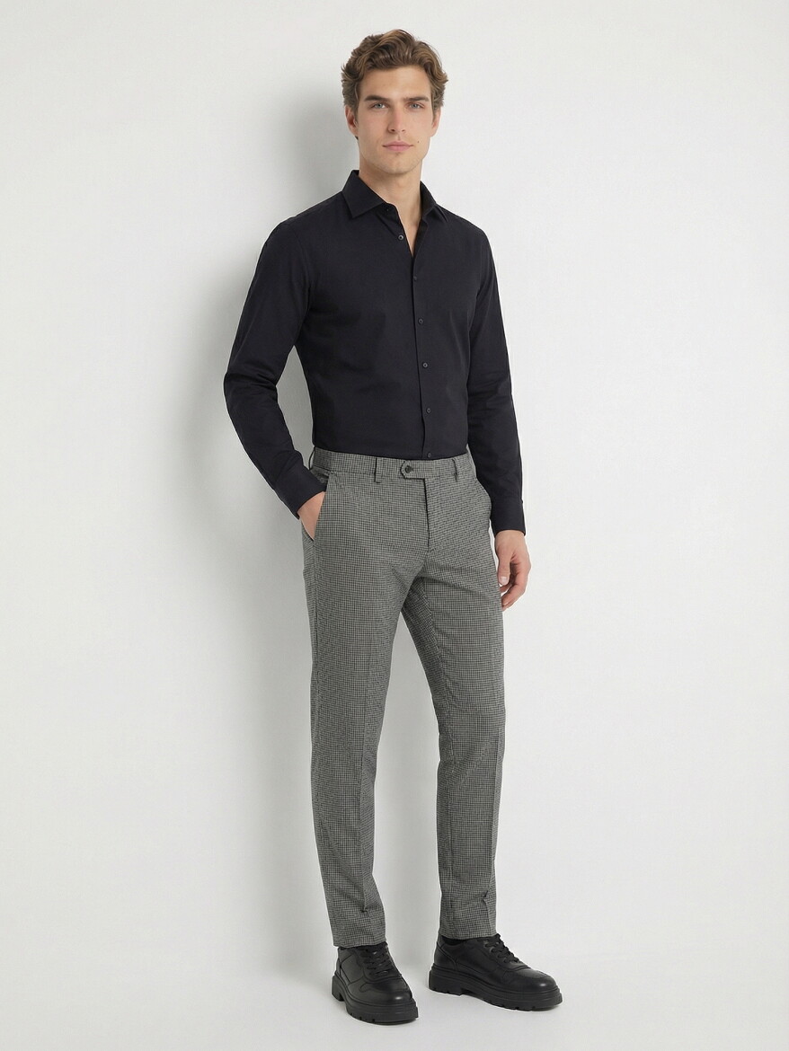 Black Plain Slim Fit Weaving Classical Cotton Blended Shirt - KİP