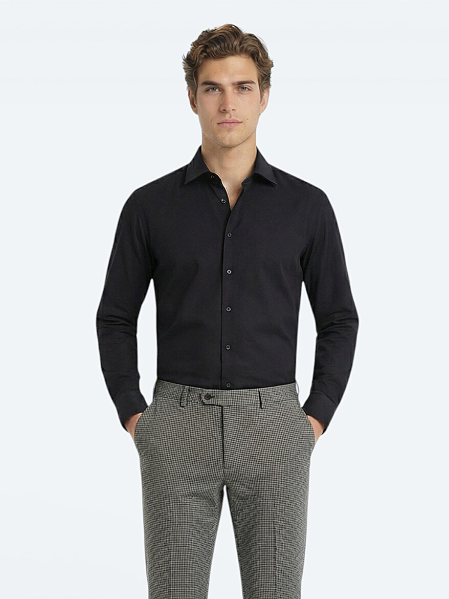 Black Plain Slim Fit Weaving Classical Cotton Blended Shirt - 3