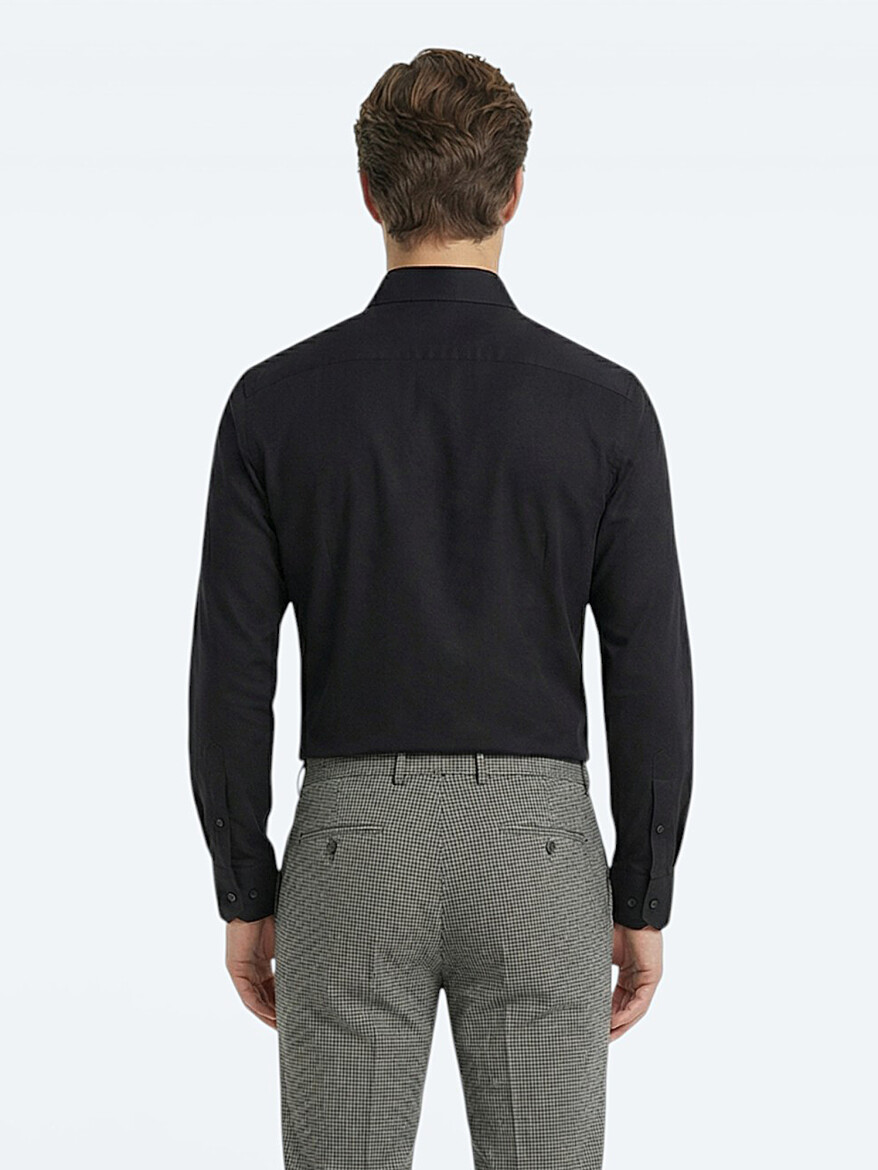 Black Plain Slim Fit Weaving Classical Cotton Blended Shirt - 4