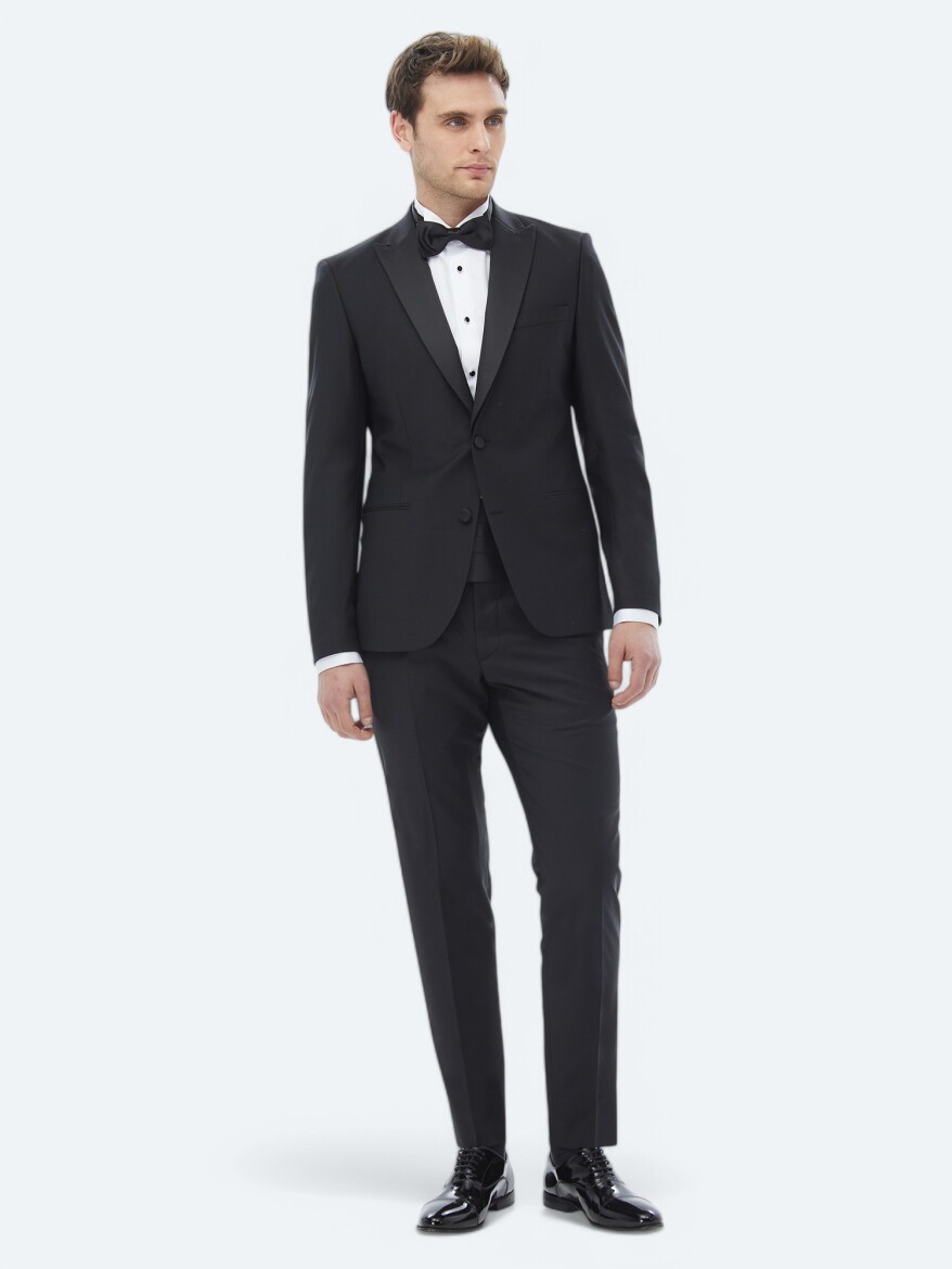 Black Plain Slim Fit Weaving Tuxedo - 7