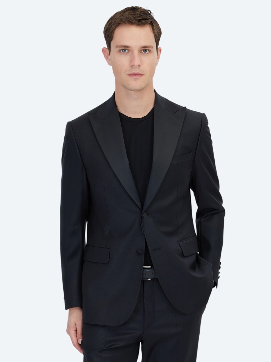 Black Plain Slim Fit Weaving Tuxedo - 1