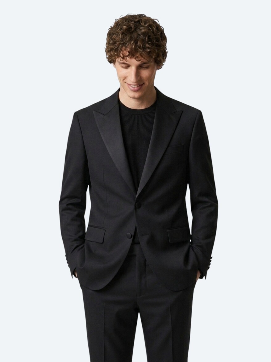 Black Plain Slim Fit Weaving Tuxedo - 3