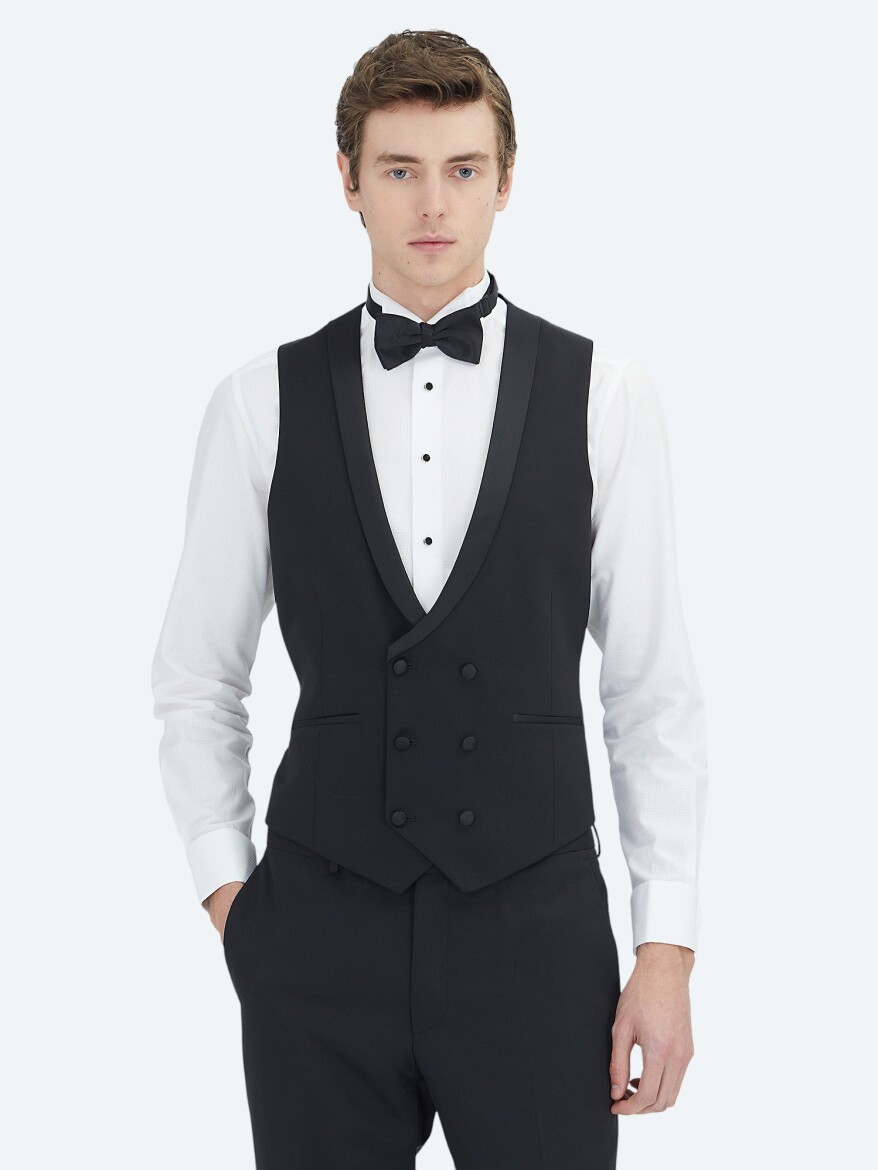 Black Plain Slim Fit Weaving Tuxedo With West - 3