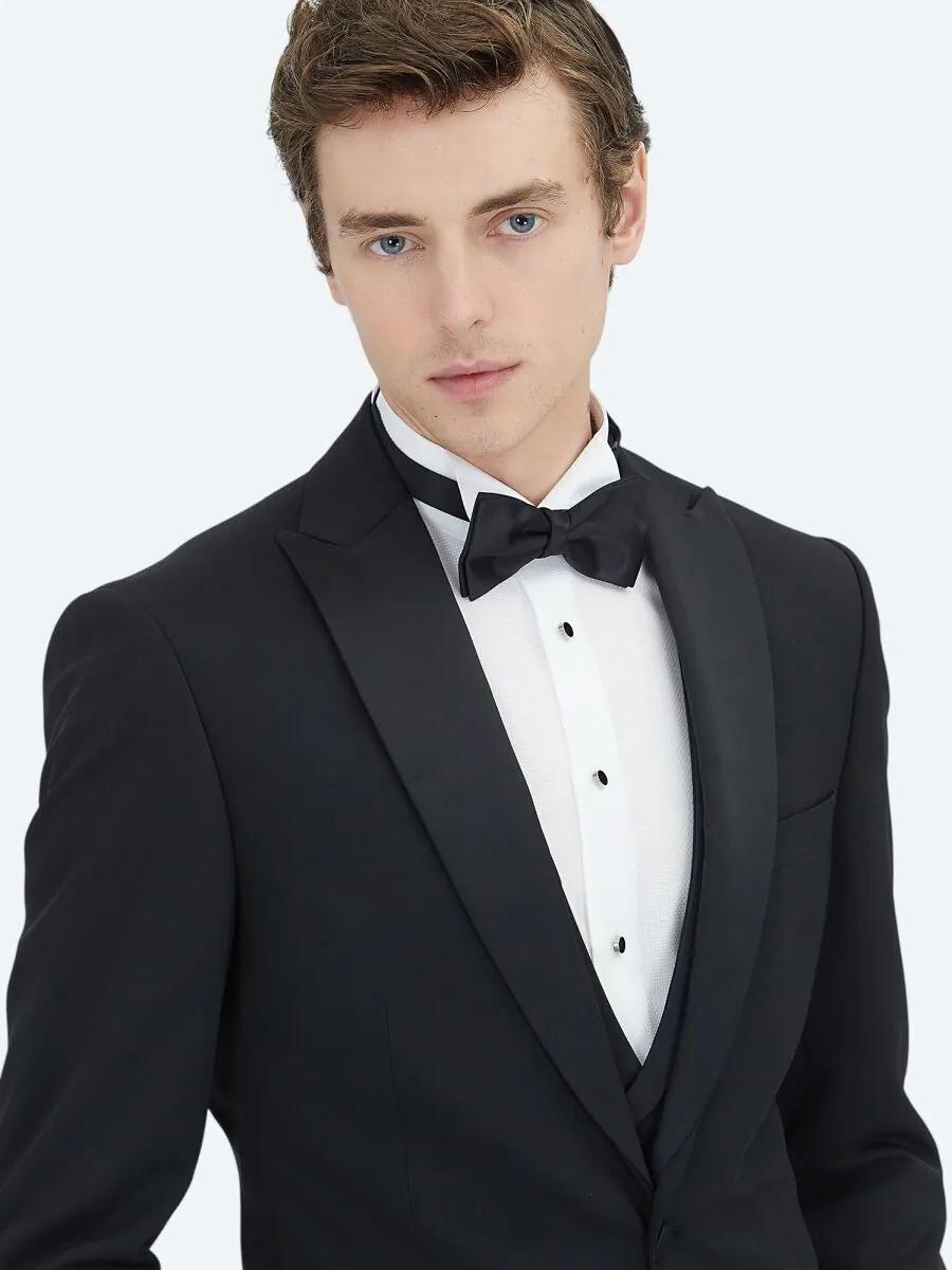 Black Plain Slim Fit Weaving Tuxedo With West - 4