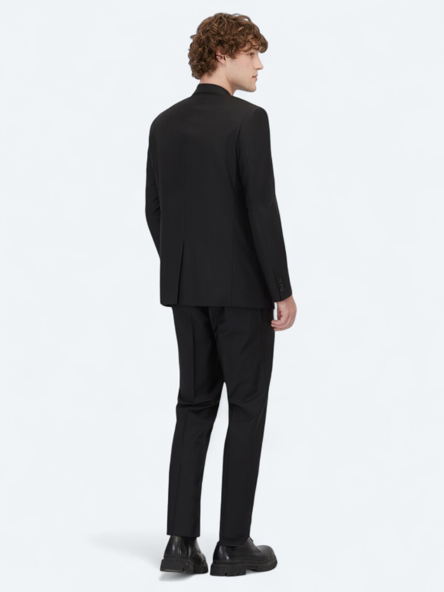 Black Plain Slim Fit Wool Blended Suit - 5
