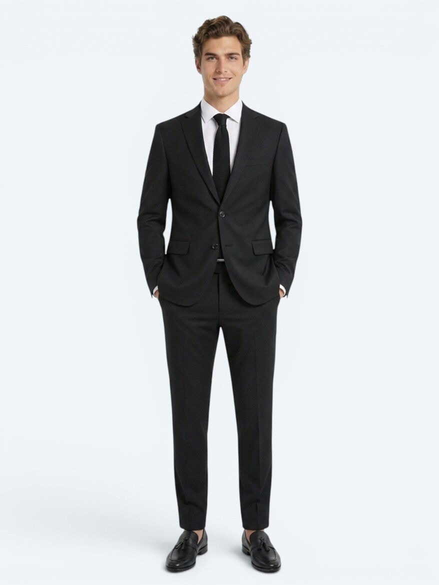 Black Plain Slim Fit Wool Blended Suit 