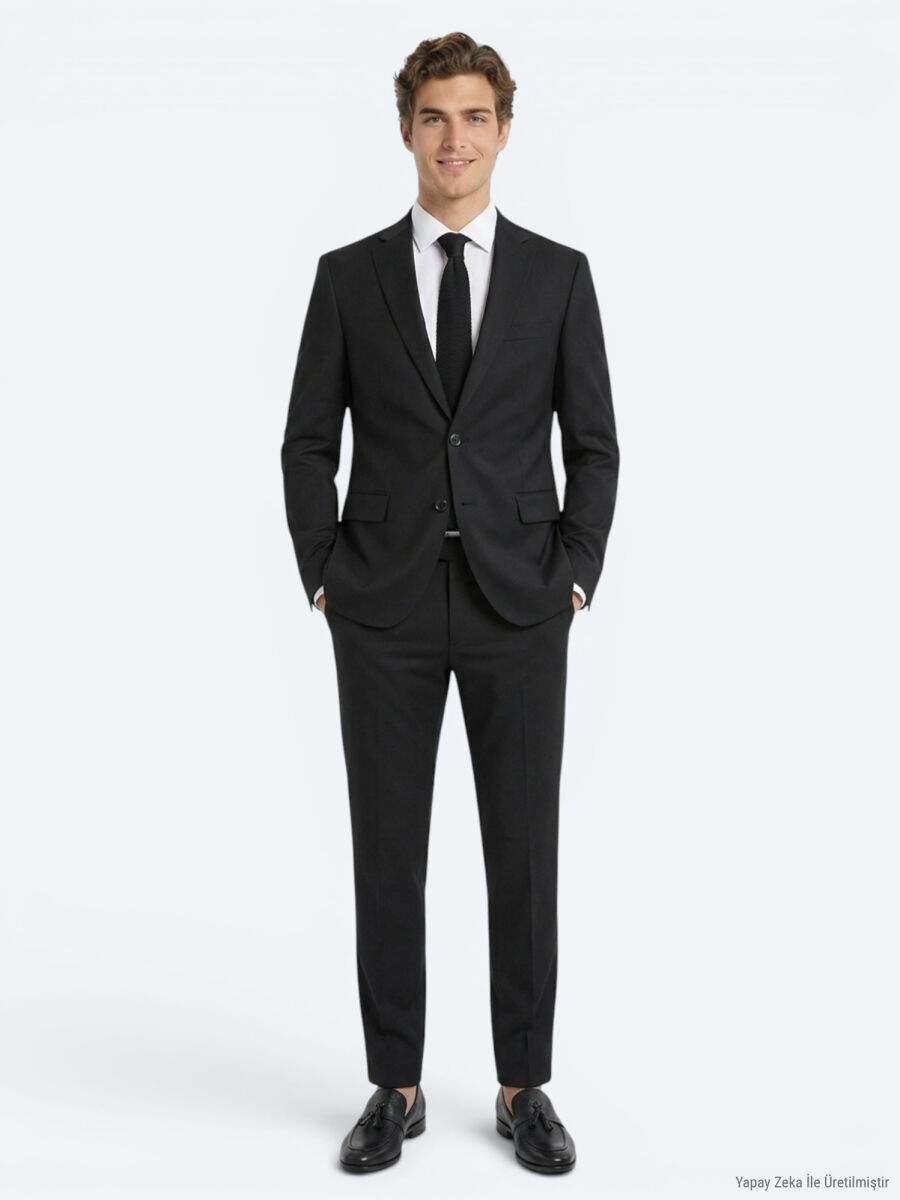 Black Plain Slim Fit Wool Blended Suit - 1