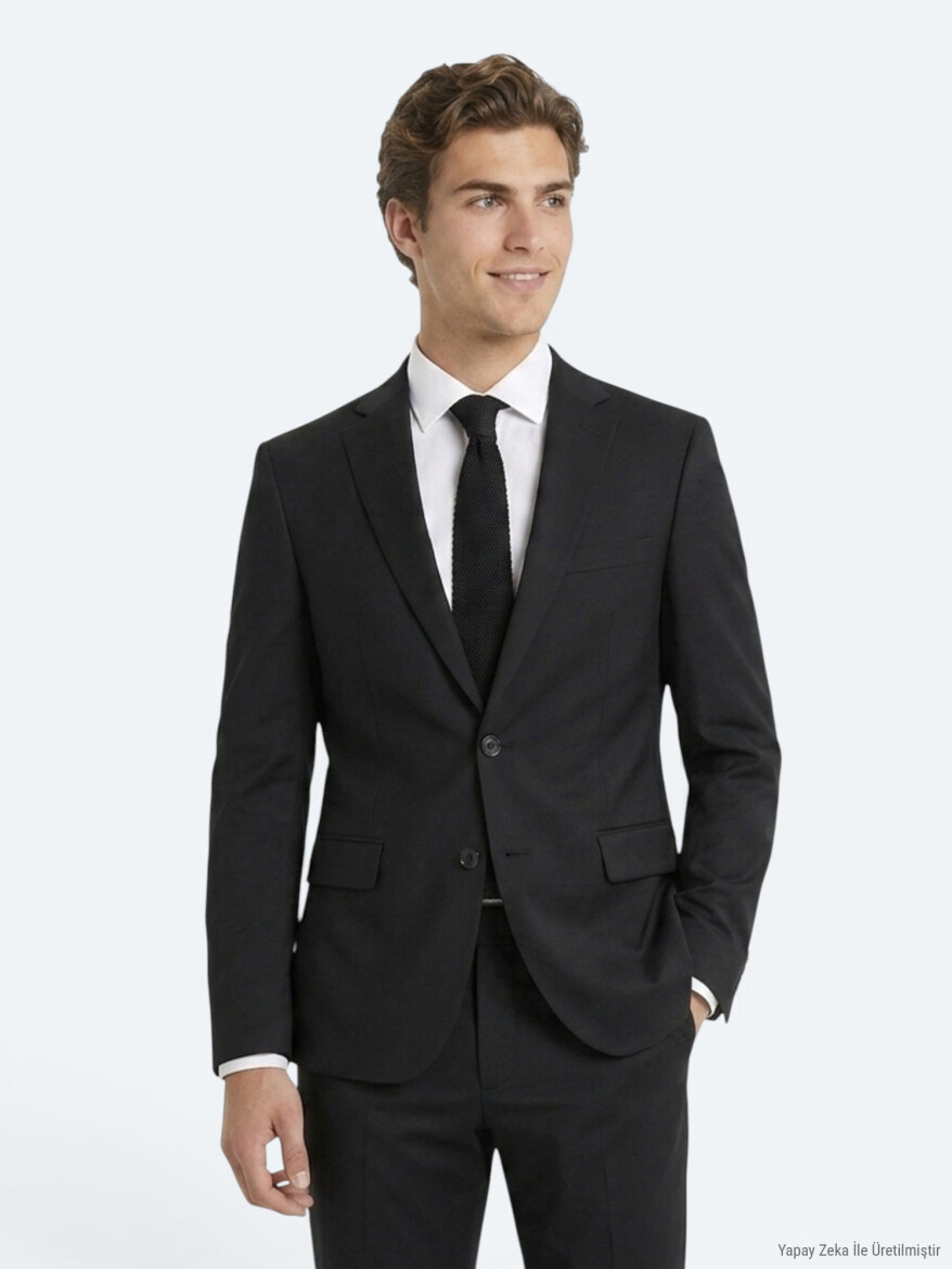 Black Plain Slim Fit Wool Blended Suit - 2