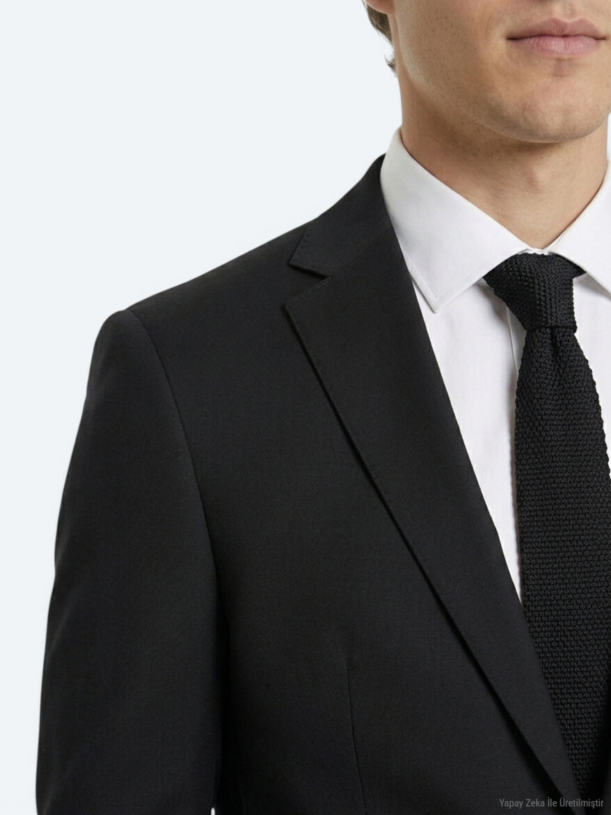 Black Plain Slim Fit Wool Blended Suit - 3