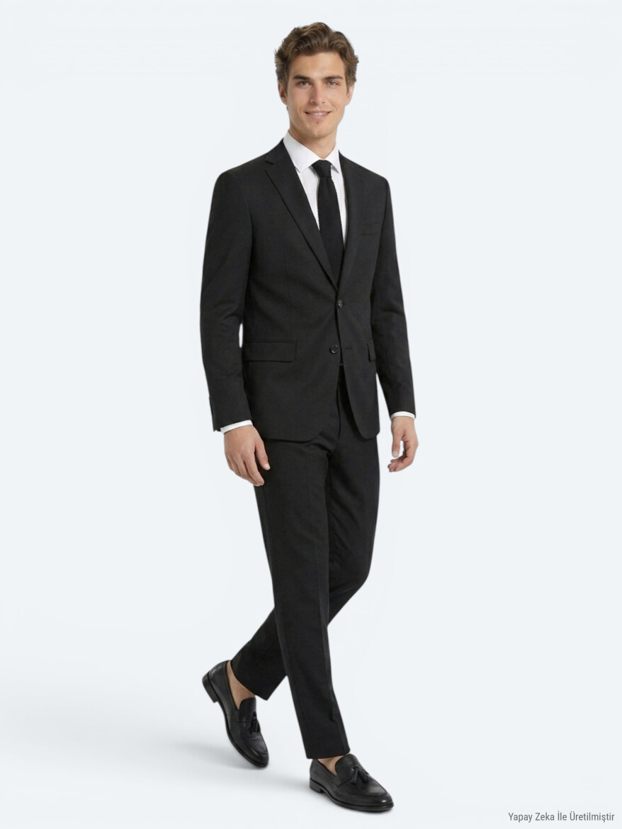 Black Plain Slim Fit Wool Blended Suit - 4