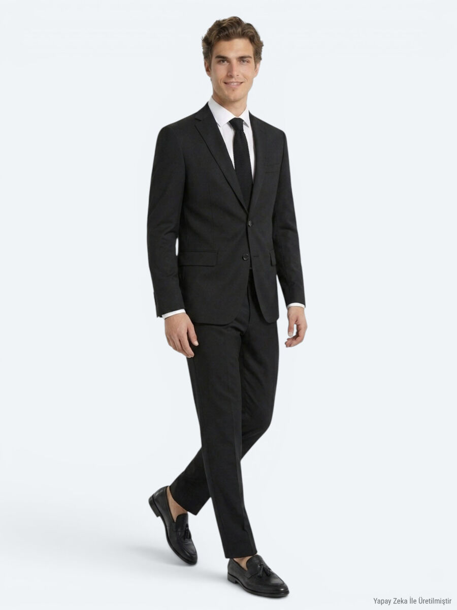 Black Plain Slim Fit Wool Blended Suit - 4
