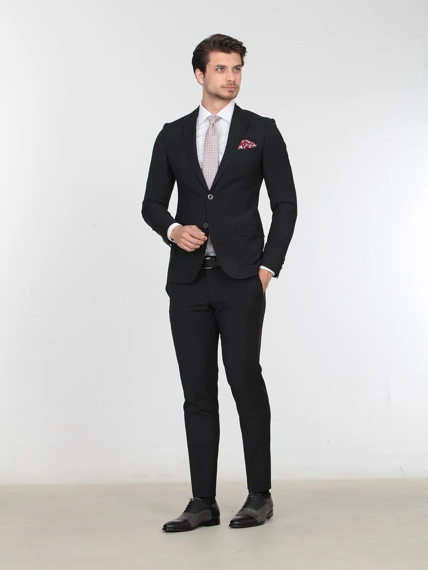 Black Plain Slim Fit Wool Blended Suit - 2