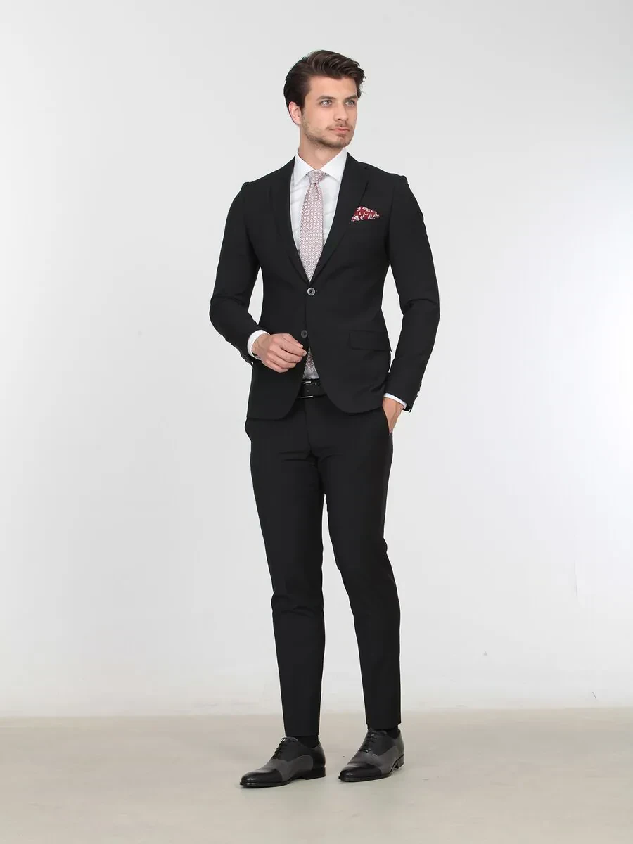Black Plain Slim Fit Wool Blended Suit - 2