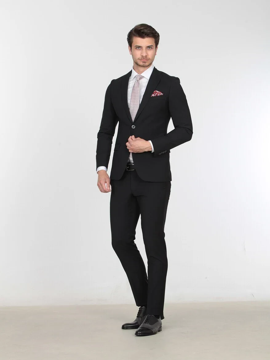 Black Plain Slim Fit Wool Blended Suit - 3
