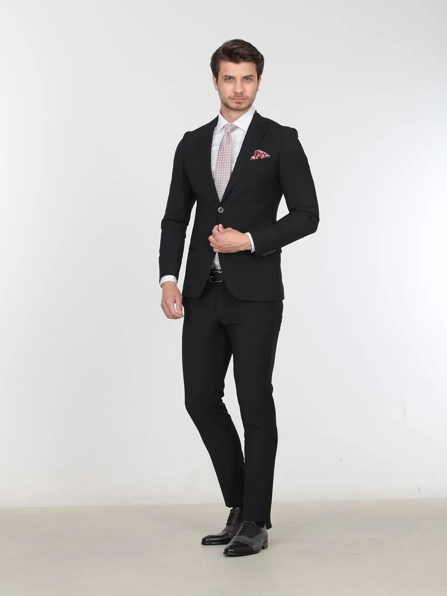 Black Plain Slim Fit Wool Blended Suit - 3