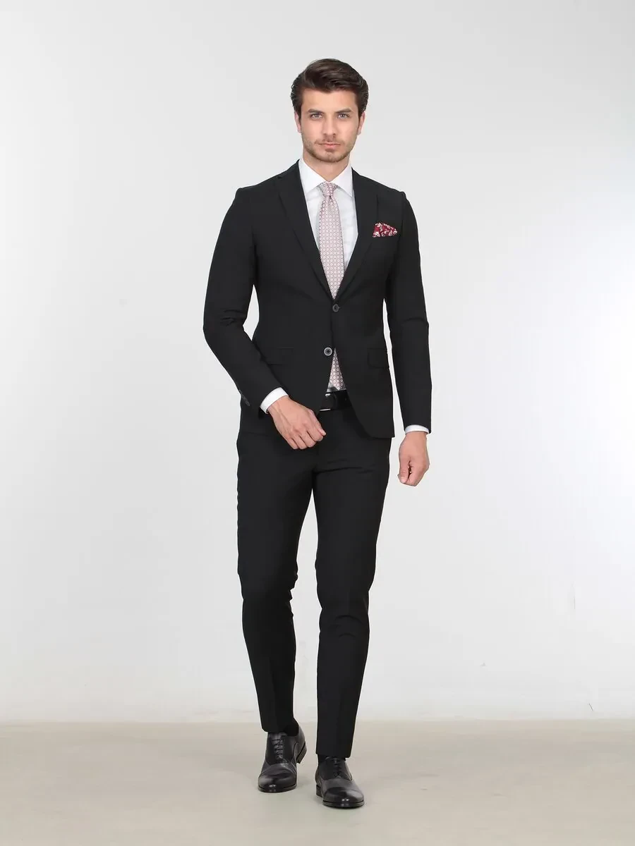 Black Plain Slim Fit Wool Blended Suit - 4