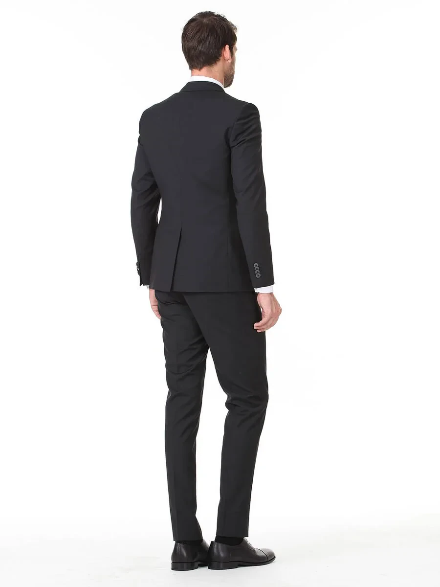 Black Plain Slim Fit Wool Blended Suit - 4
