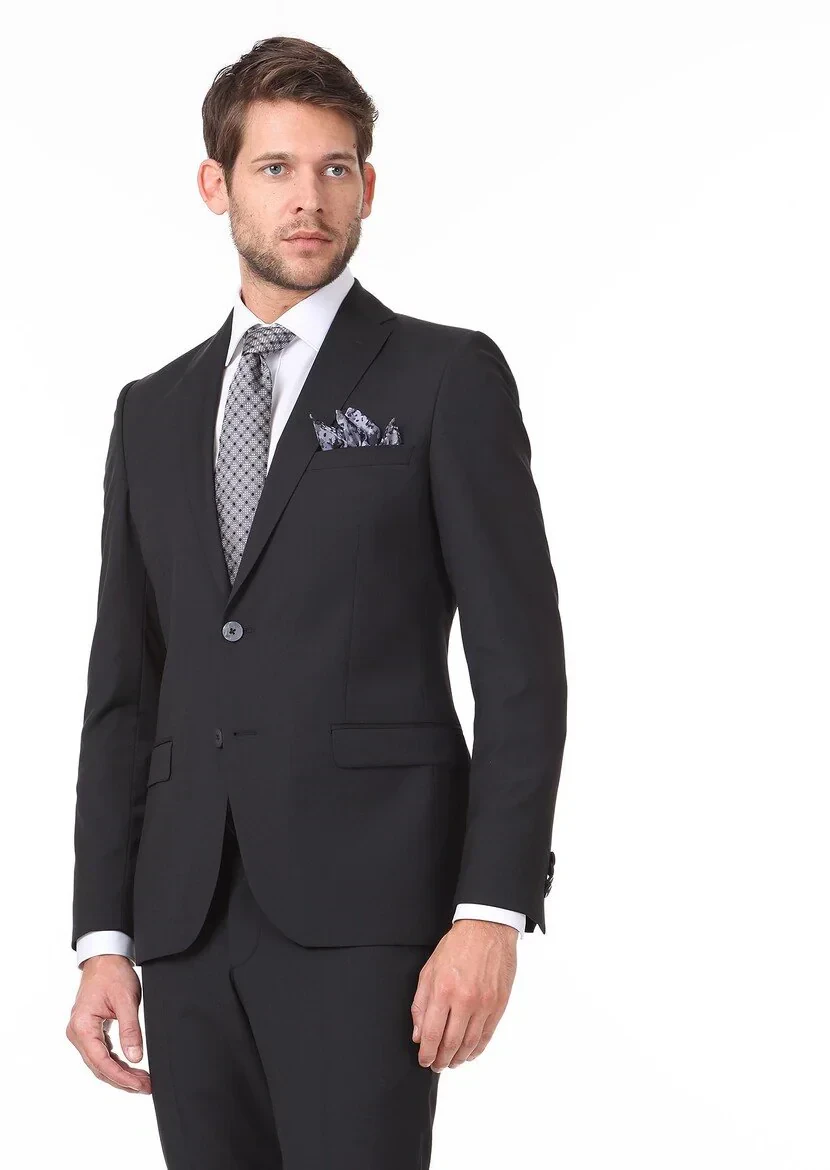 Black Plain Slim Fit Wool Blended Suit - 1