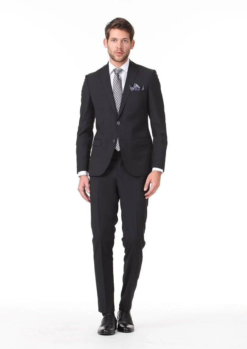 Black Plain Slim Fit Wool Blended Suit - 2