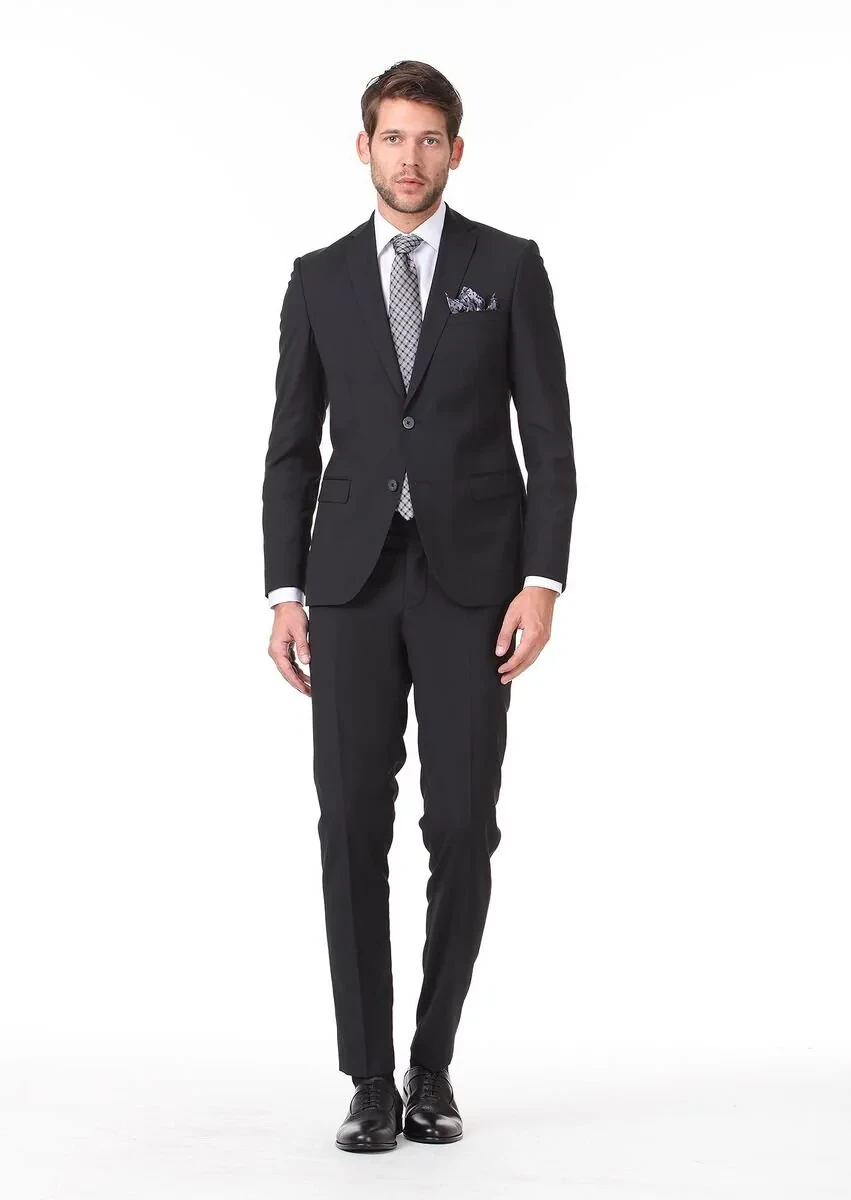 Black Plain Slim Fit Wool Blended Suit - 2