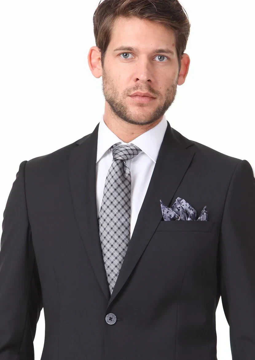 Black Plain Slim Fit Wool Blended Suit - 3