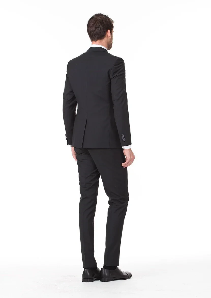 Black Plain Slim Fit Wool Blended Suit - 4