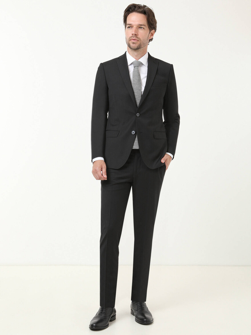 Black Plain Slim Fit Wool Blended Suit - 2