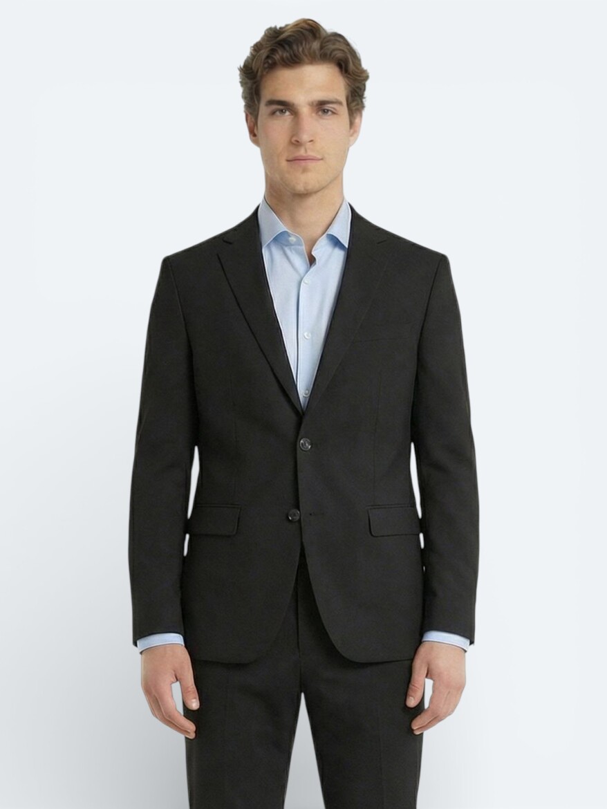 Black Plain Slim Fit Wool Blended Suit - 2