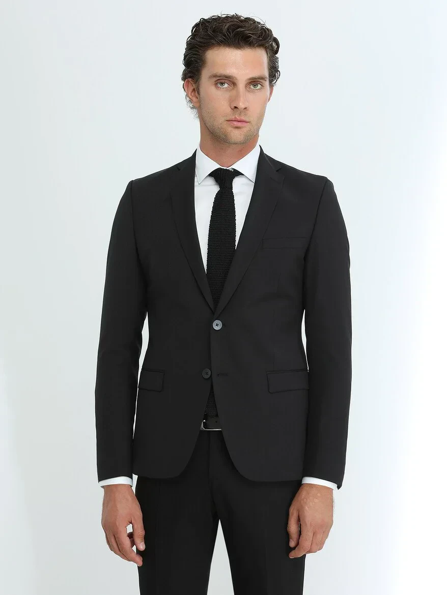 Black Plain Slim Fit Wool Blended Suit - 4