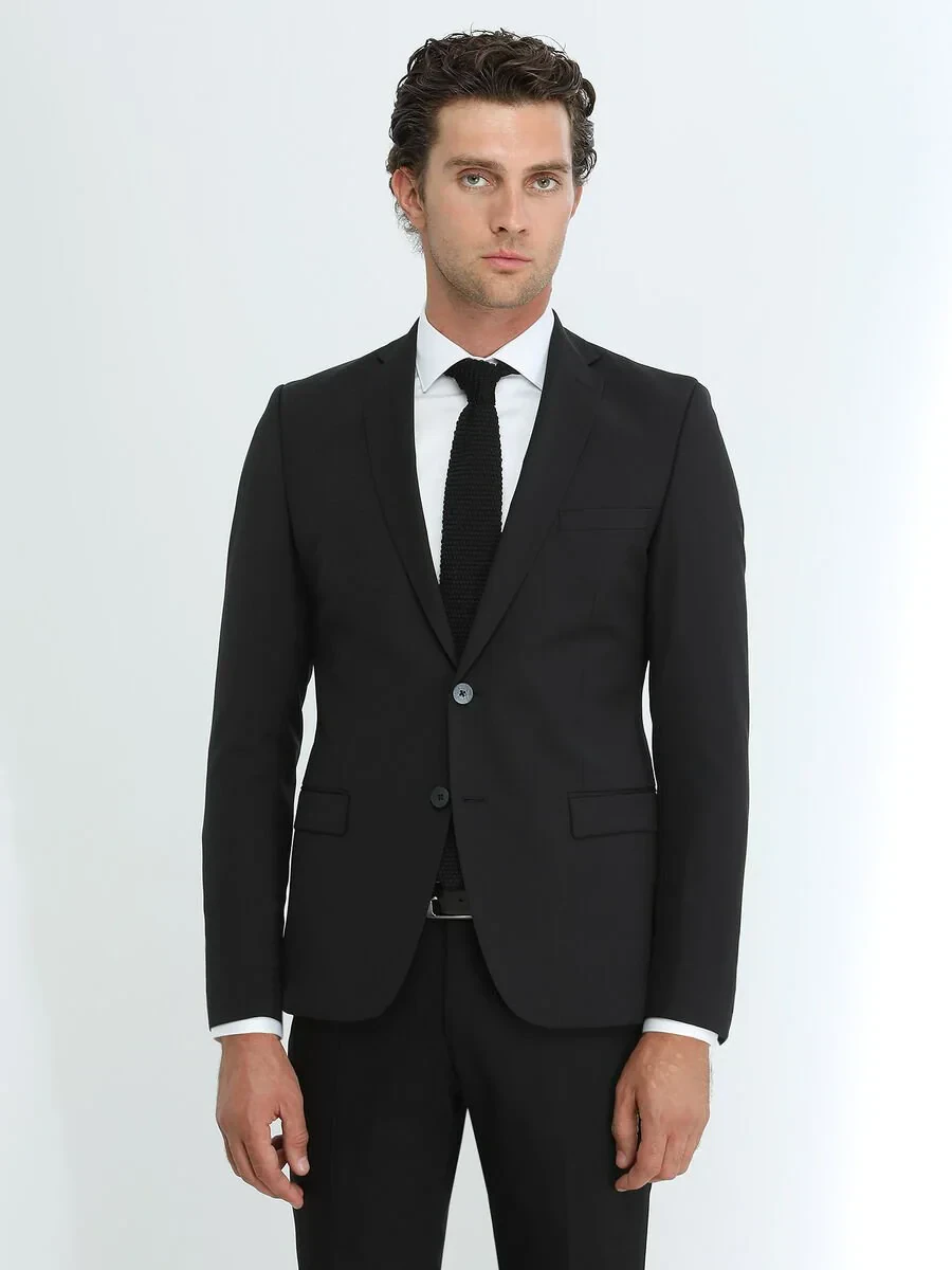 Black Plain Slim Fit Wool Blended Suit - 4