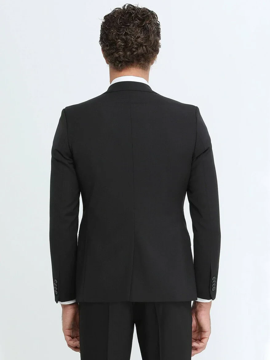 Black Plain Slim Fit Wool Blended Suit - 5