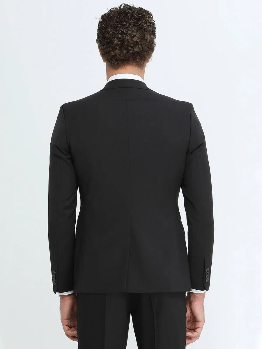 Black Plain Slim Fit Wool Blended Suit - 5