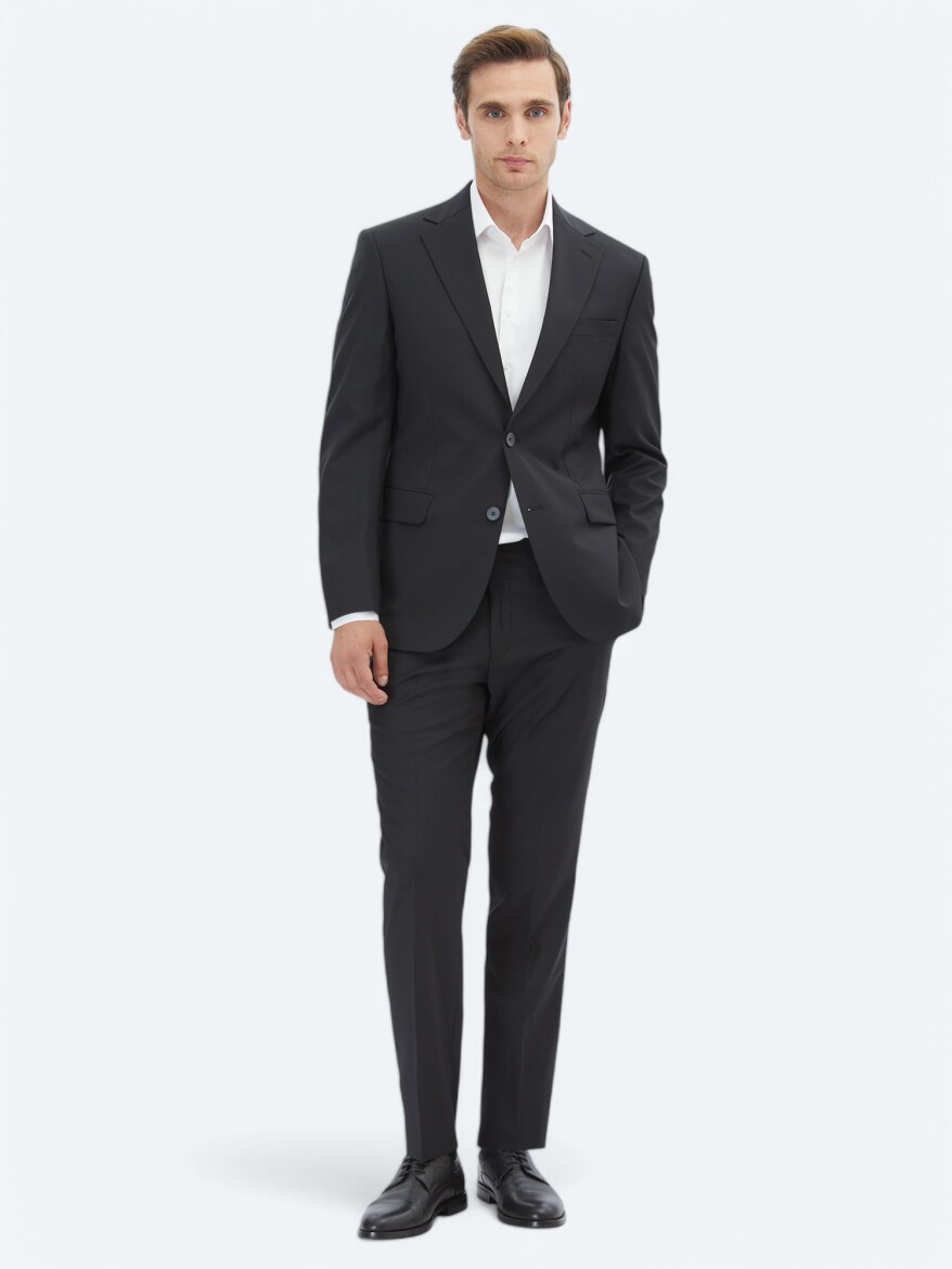 Black Plain Slim Fit Wool Blended Suit - 2