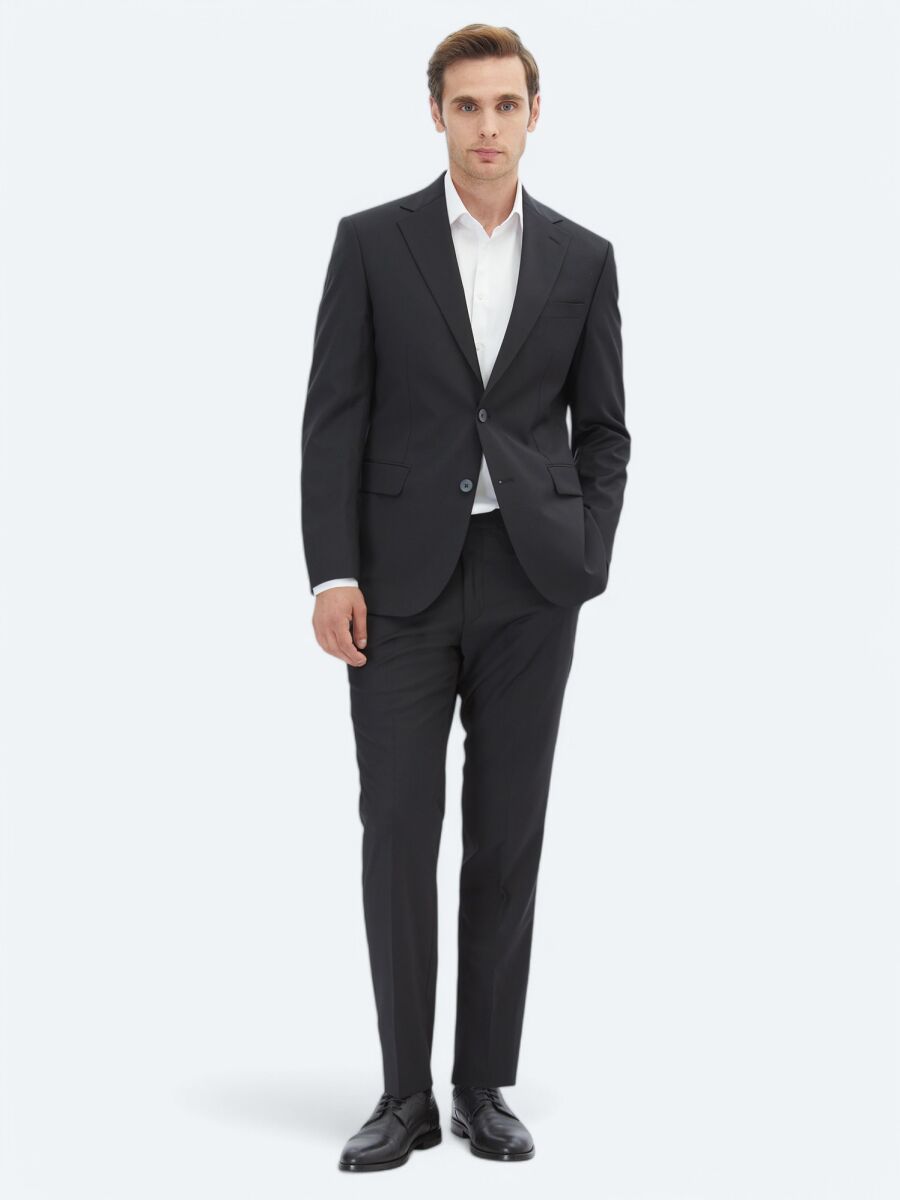 Black Plain Slim Fit Wool Blended Suit - 2