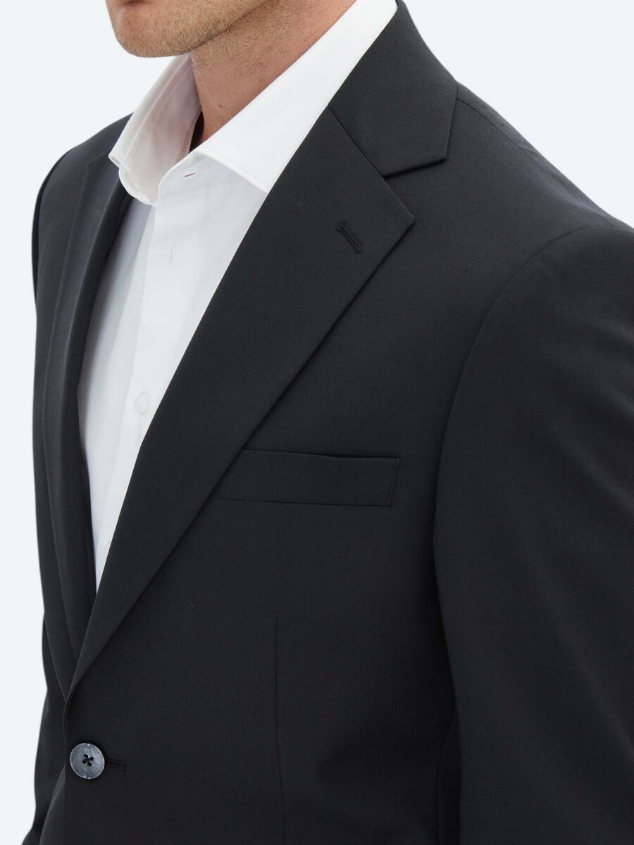Black Plain Slim Fit Wool Blended Suit - 4