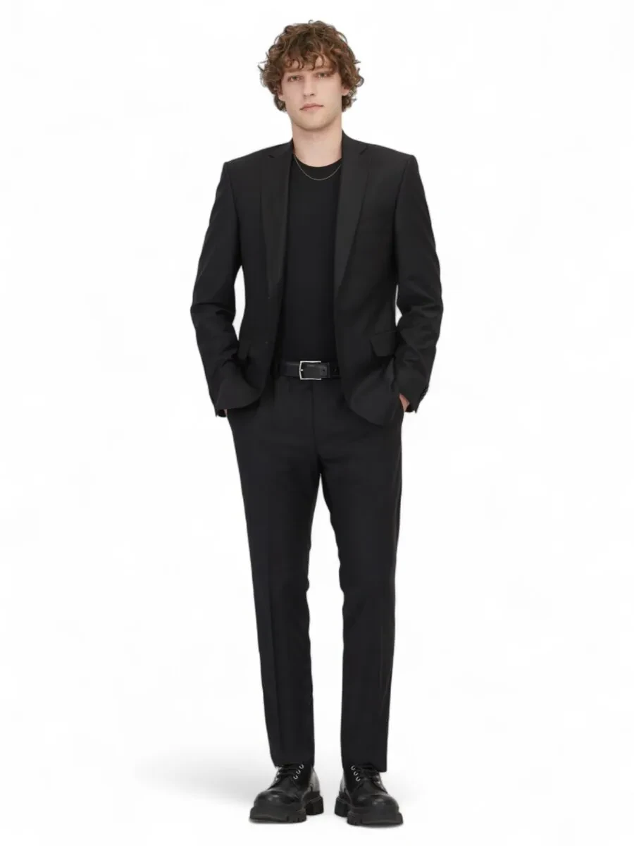 Black Plain Slim Fit Wool Blended Suit - 2