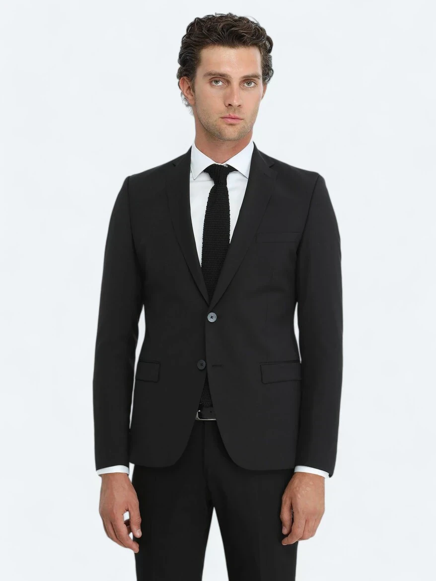 Black Plain Slim Fit Wool Blended Suit - 4