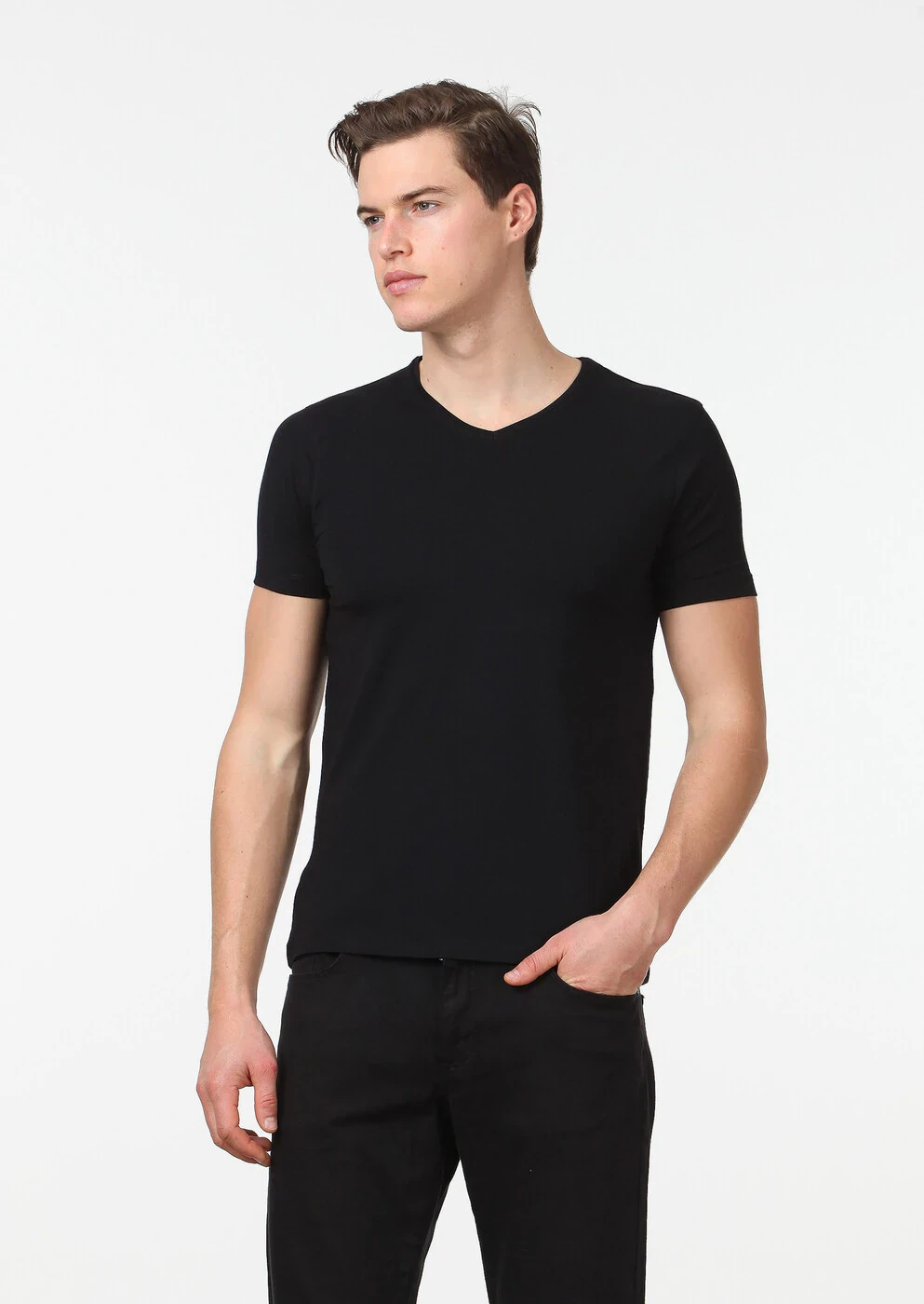 Black Plain V-Neck Cotton Blended T-Shirt - 1
