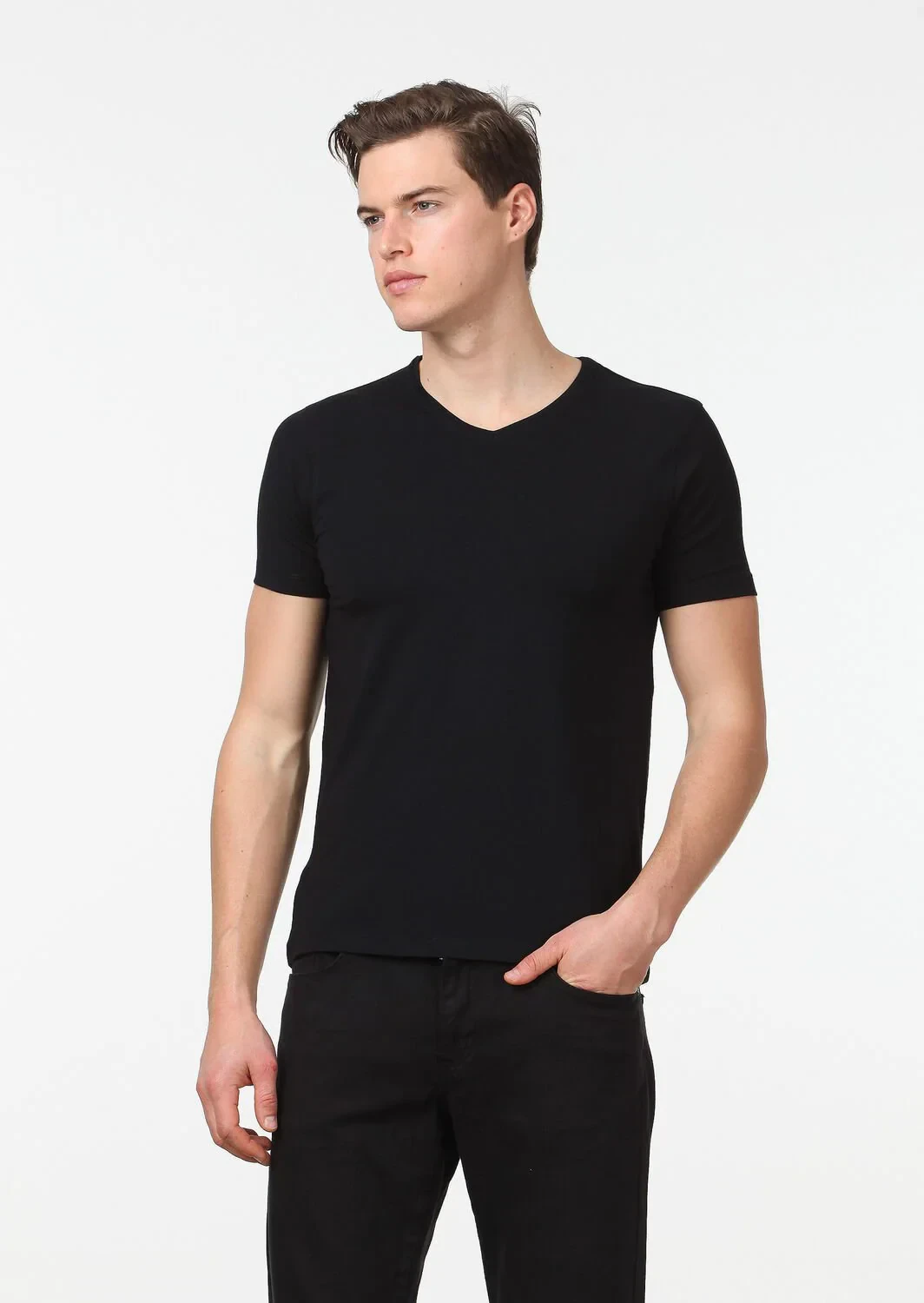 Black Plain V-Neck Cotton Blended T-Shirt - 1