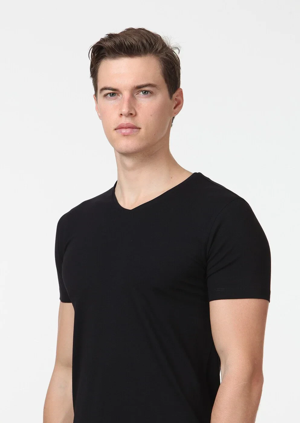 Black Plain V-Neck Cotton Blended T-Shirt - 3