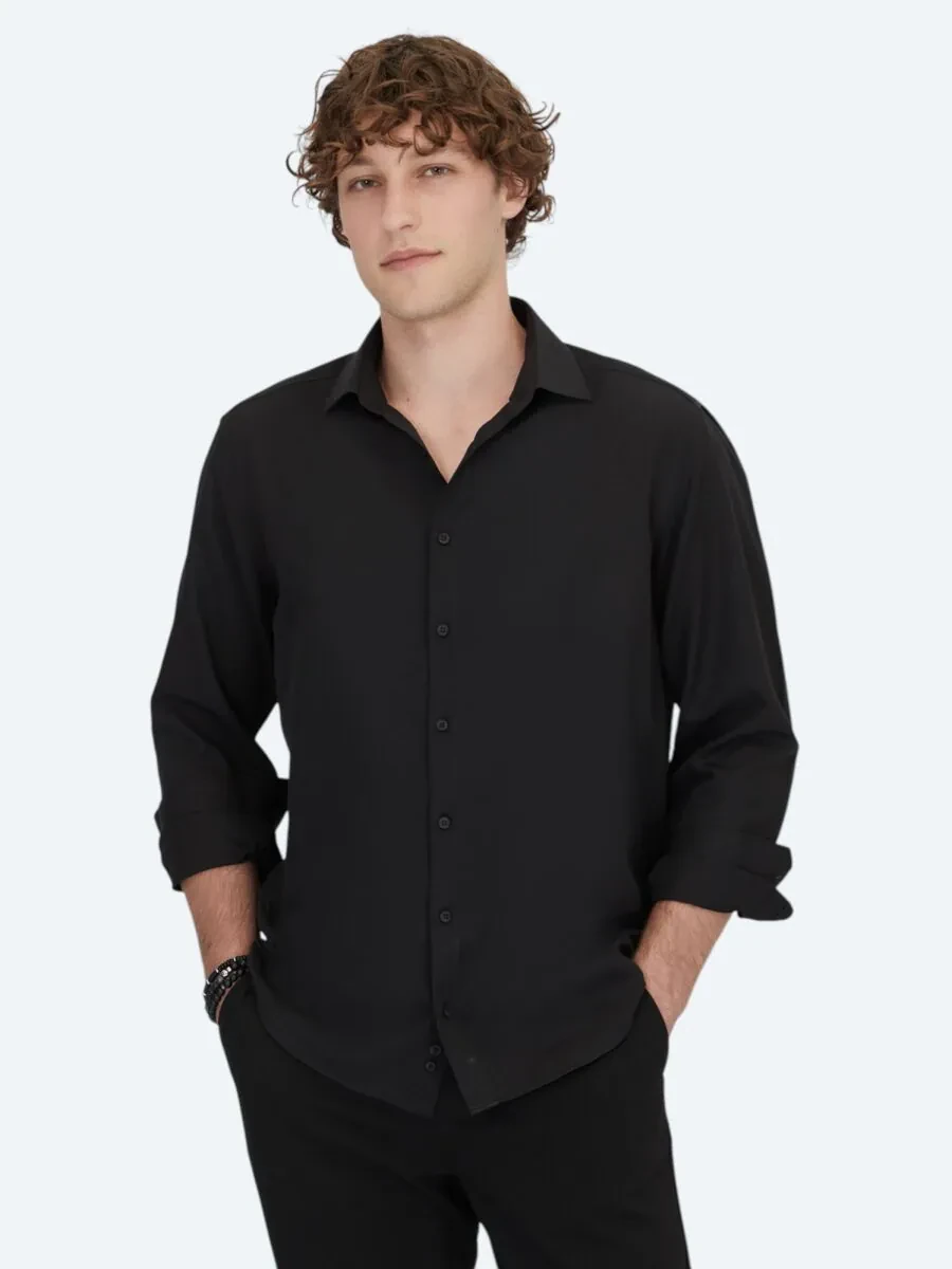Black Plain Weaving Classical Cotton Blended Shirt - 1