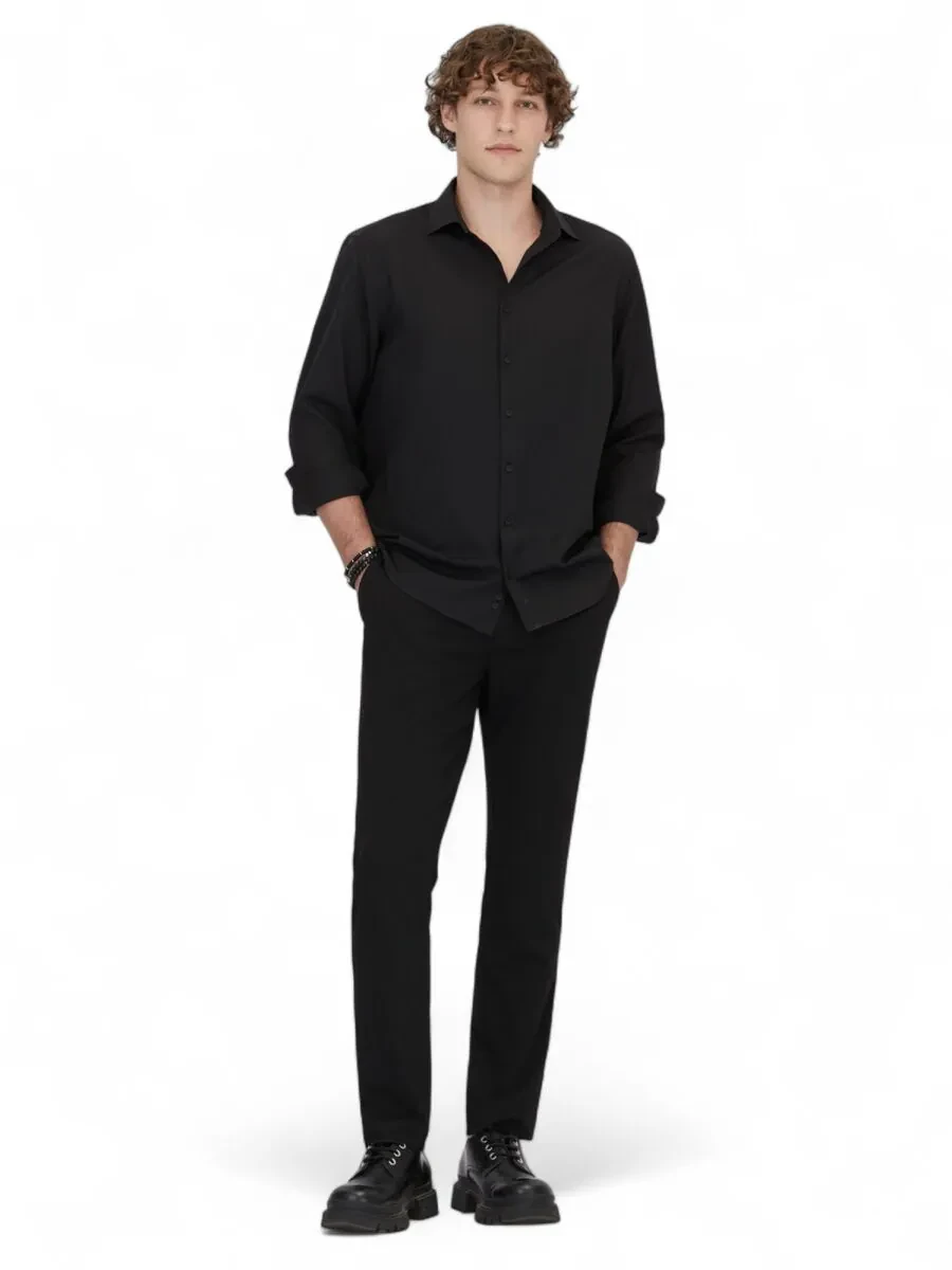 Black Plain Weaving Classical Cotton Blended Shirt - 2
