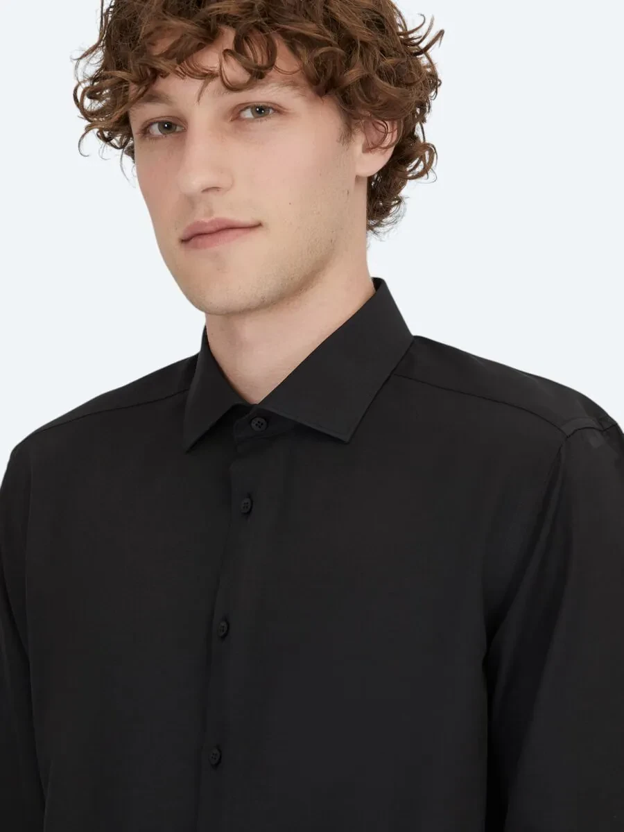 Black Plain Weaving Classical Cotton Blended Shirt - 3