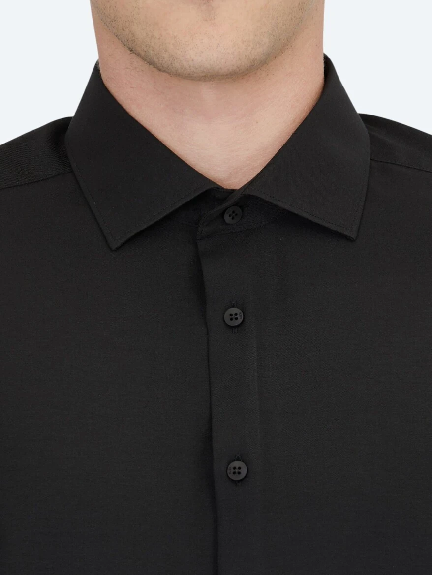 Black Plain Weaving Classical Cotton Blended Shirt - 4